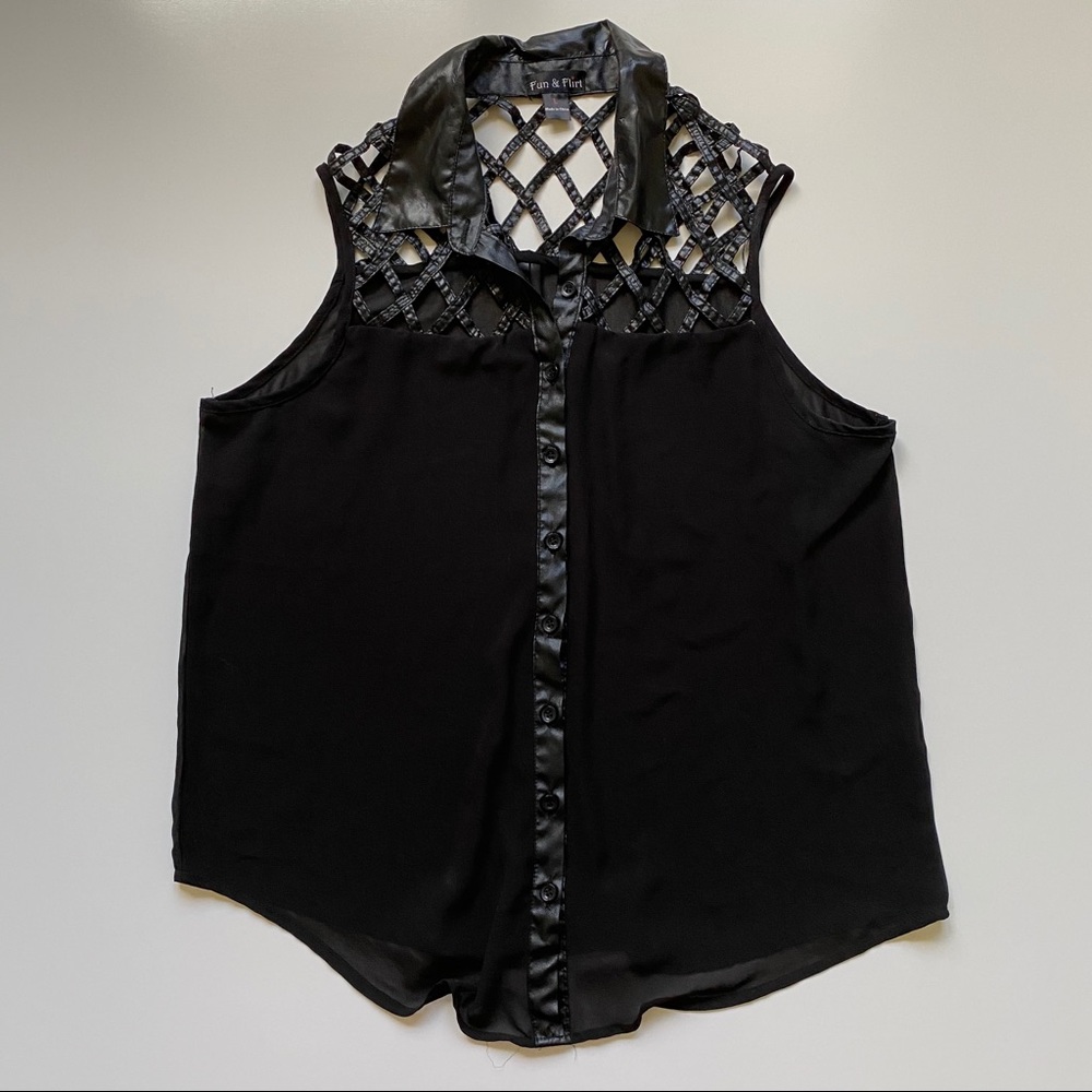 Black Tank Top w/ Faux Leather Lattice & Sheer
